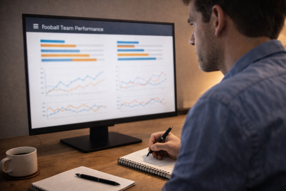 Analista estudiando gr&aacute;ficos de rendimiento de equipos de f&uacute;tbol en pantalla