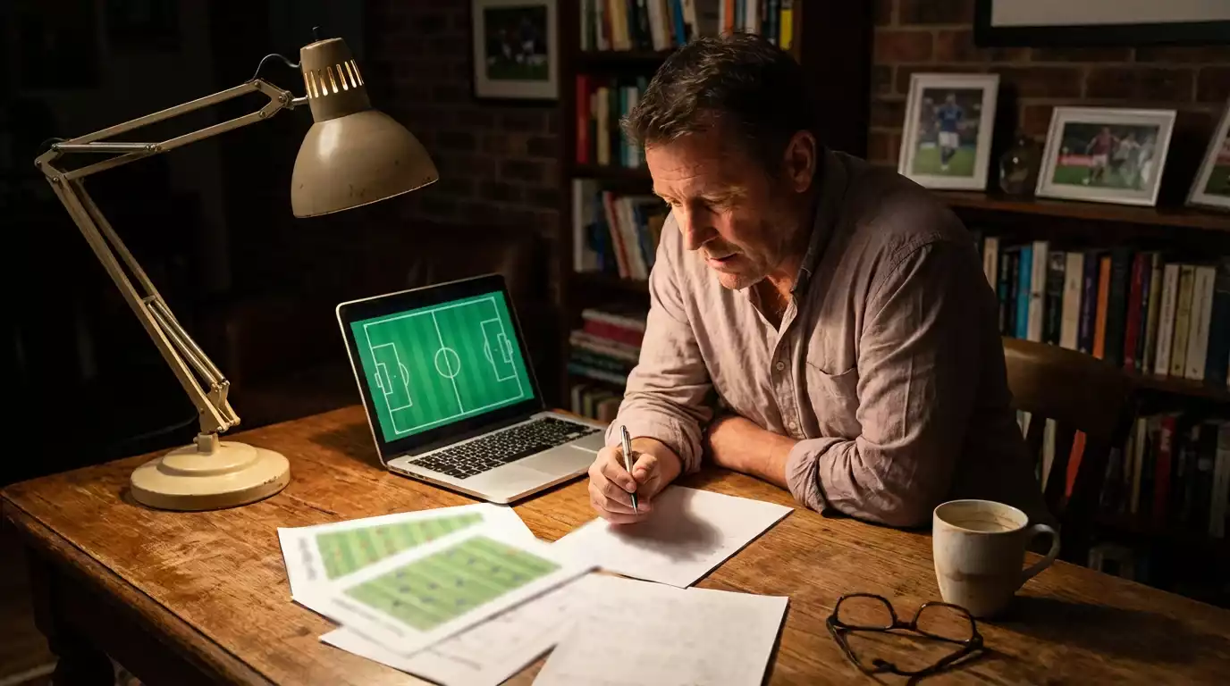 Analista deportivo estudiando alineaciones de fútbol con documentos y notas sobre una mesa