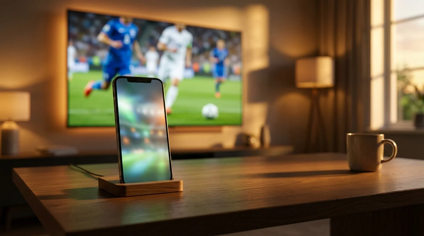 Smartphone mostrando una aplicación de apuestas deportivas con un partido de fútbol de fondo en un estadio