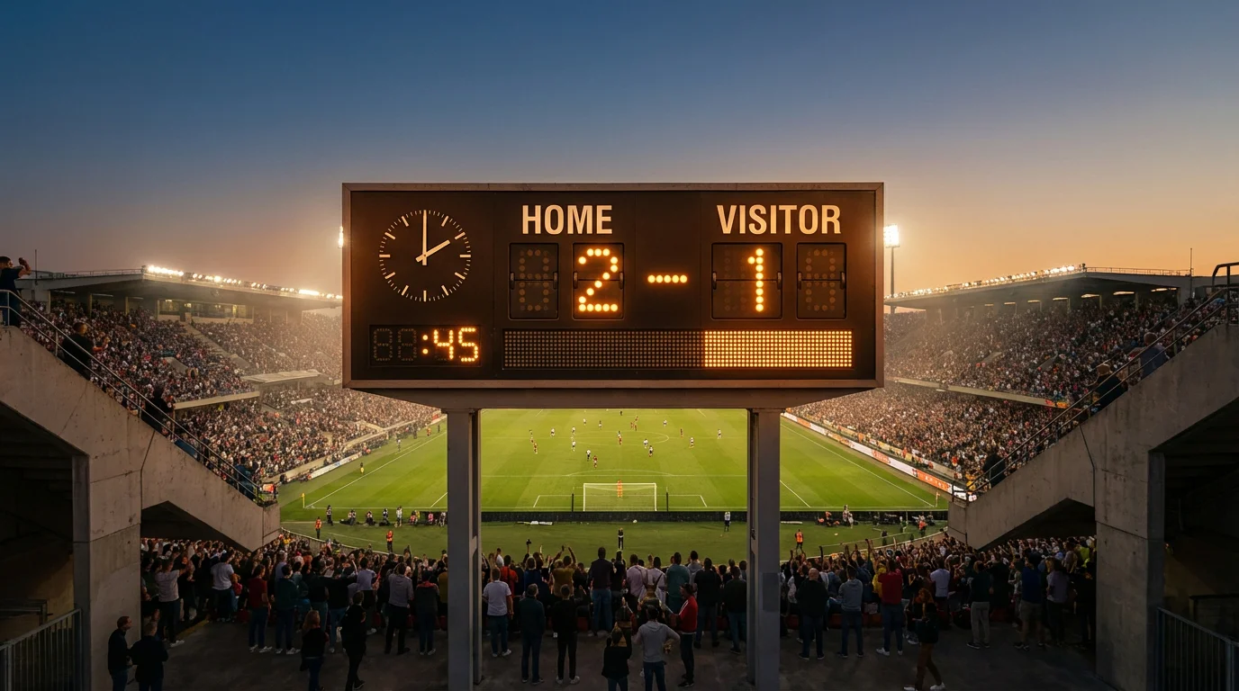 Marcador electrónico de un estadio de fútbol mostrando el resultado de un partido en curso