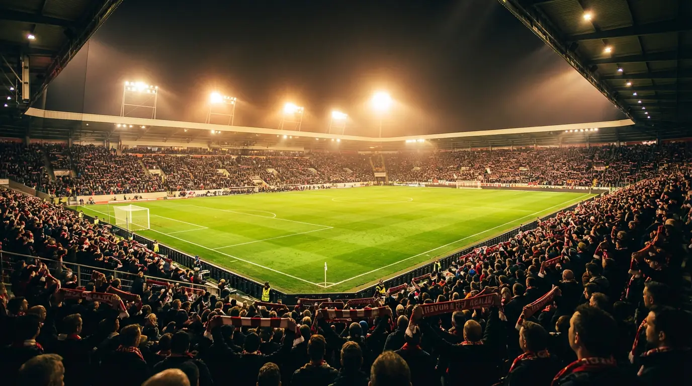 Aficionados en un estadio de fútbol viendo un partido con el campo de césped iluminado de noche