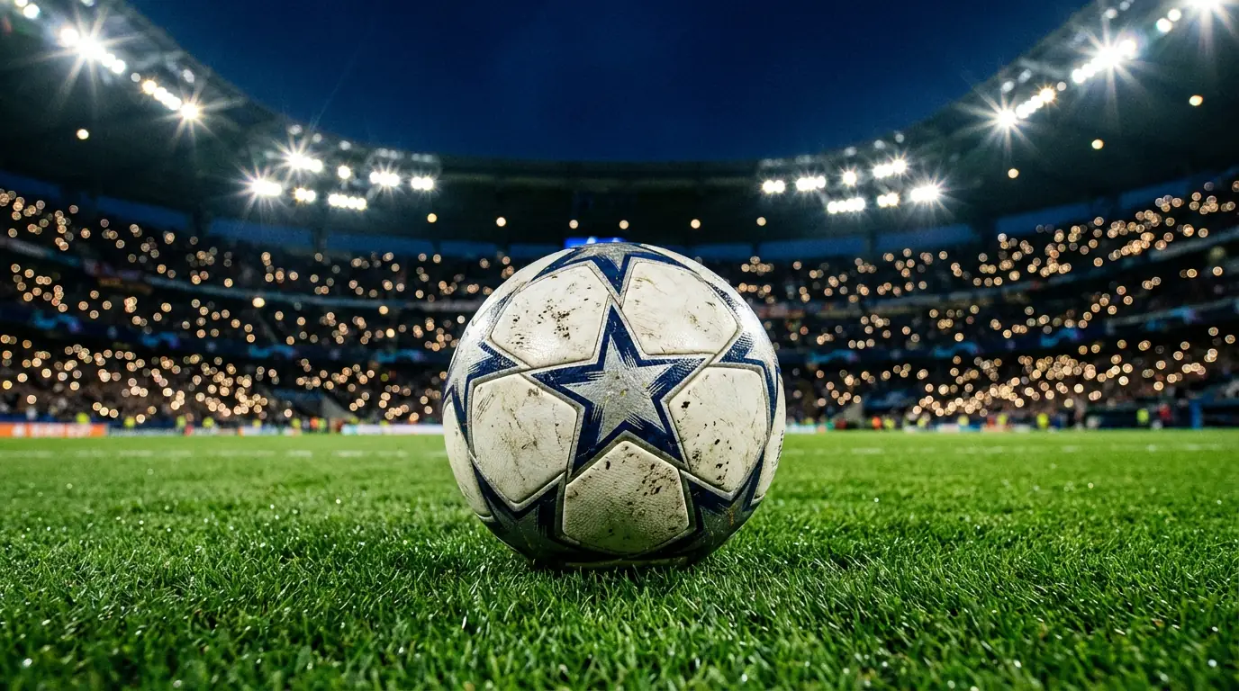 Balón de fútbol oficial sobre el césped de un gran estadio europeo iluminado de noche para un partido de Champions
