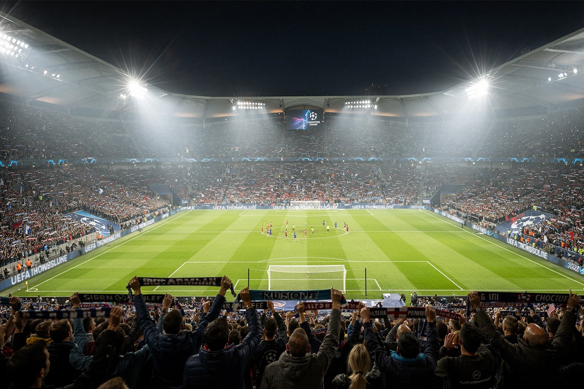 Ambiente de partido de Champions League con luces del estadio y afici&oacute;n
