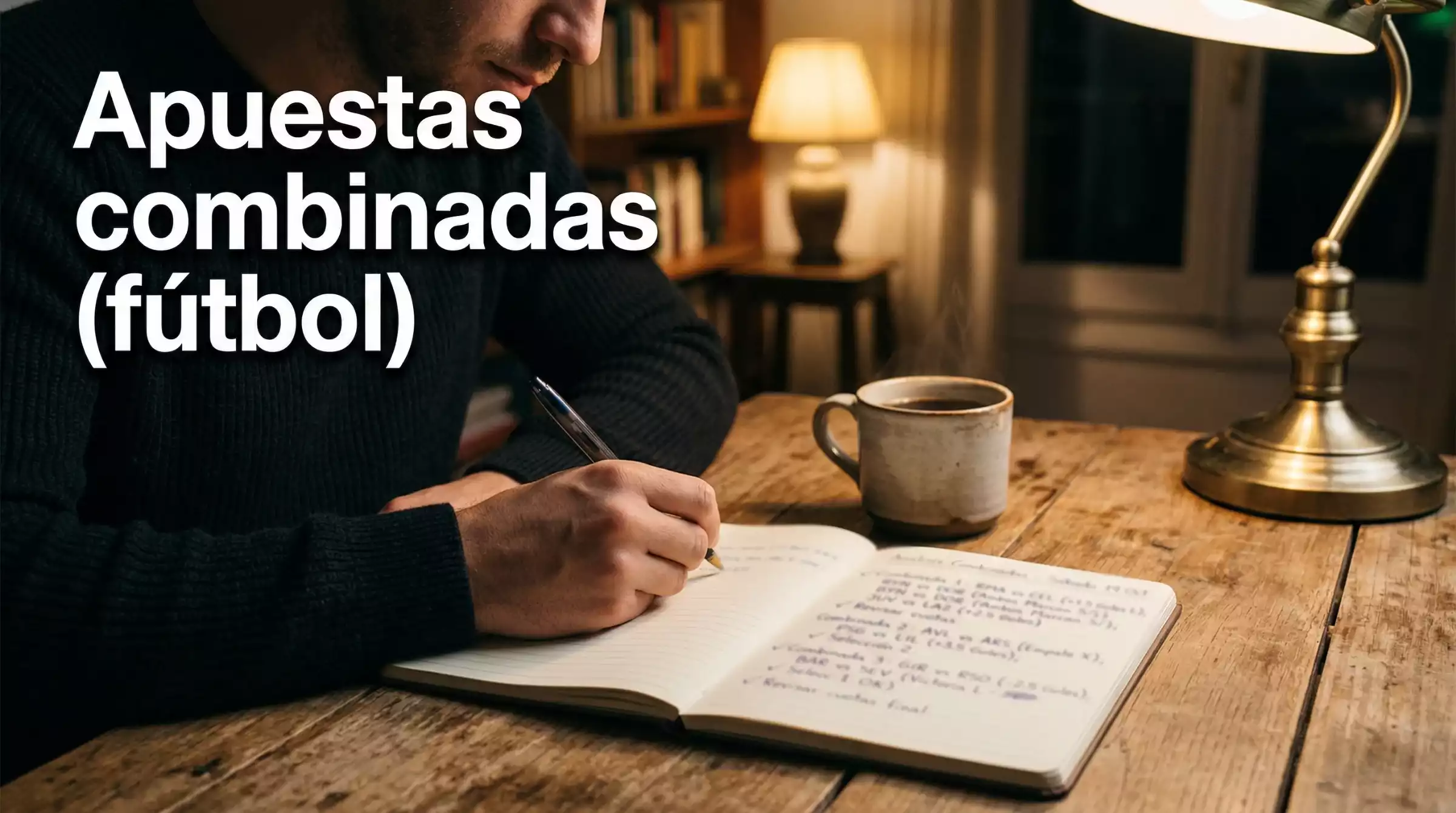 Persona analizando varios partidos de fútbol con un bolígrafo y un bloc de notas sobre una mesa