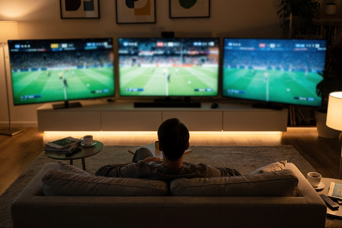 Persona revisando varios partidos de f&uacute;tbol en pantallas m&uacute;ltiples