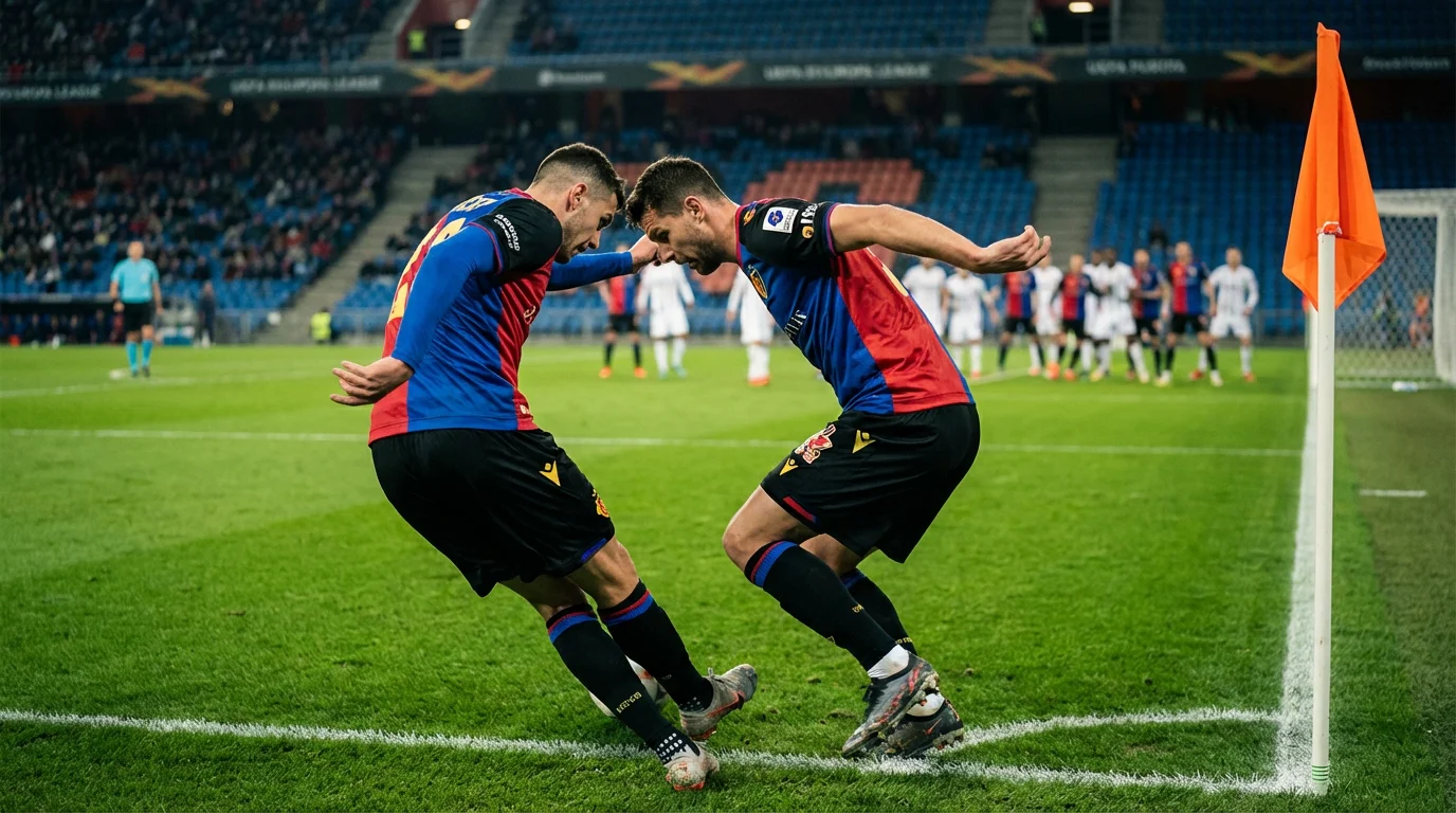Jugador de fútbol ejecutando un saque de esquina en un campo profesional con césped natural