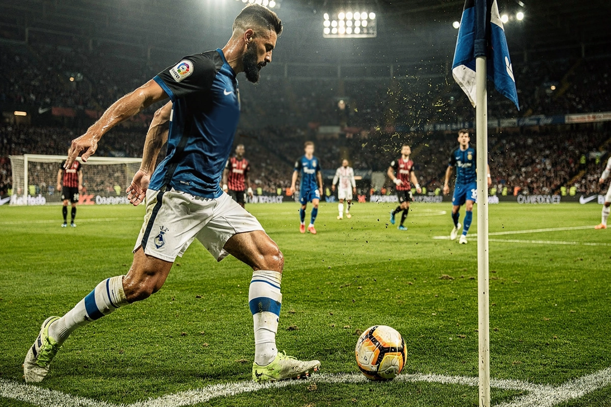 Jugador ejecutando un saque de esquina en partido nocturno