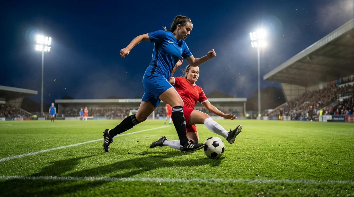 Jugadoras de fútbol femenino disputando un balón en un campo de césped natural bajo focos del estadio