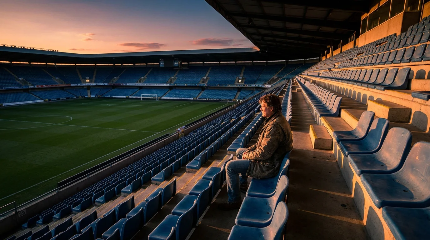 Persona reflexiva sentada en las gradas de un estadio de fútbol con luz cálida de atardecer