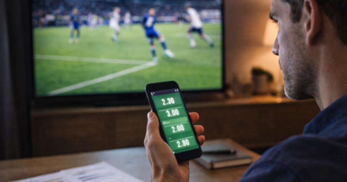 Aficionado viendo partido de fútbol en directo con el móvil mostrando cuotas cambiantes