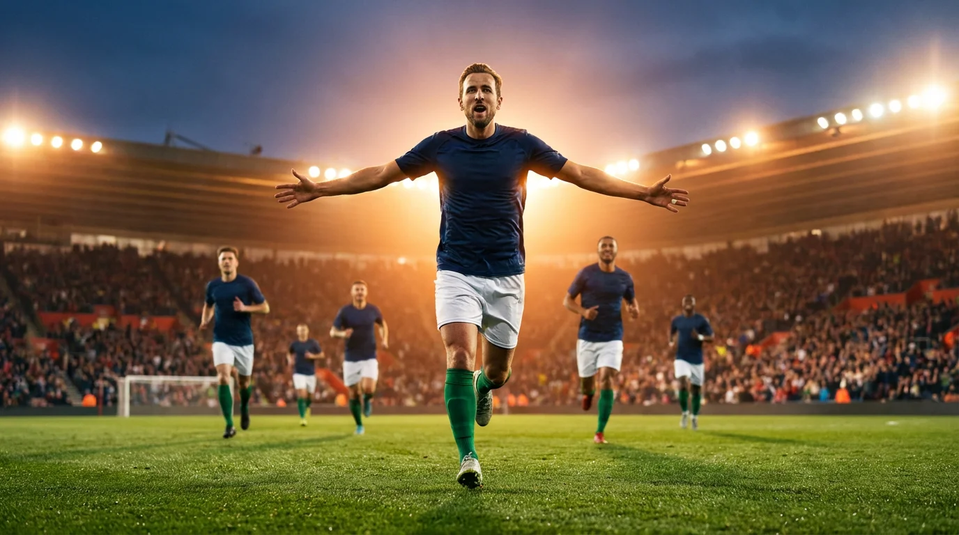 Delantero de fútbol celebrando un gol con los brazos abiertos en un estadio lleno de público