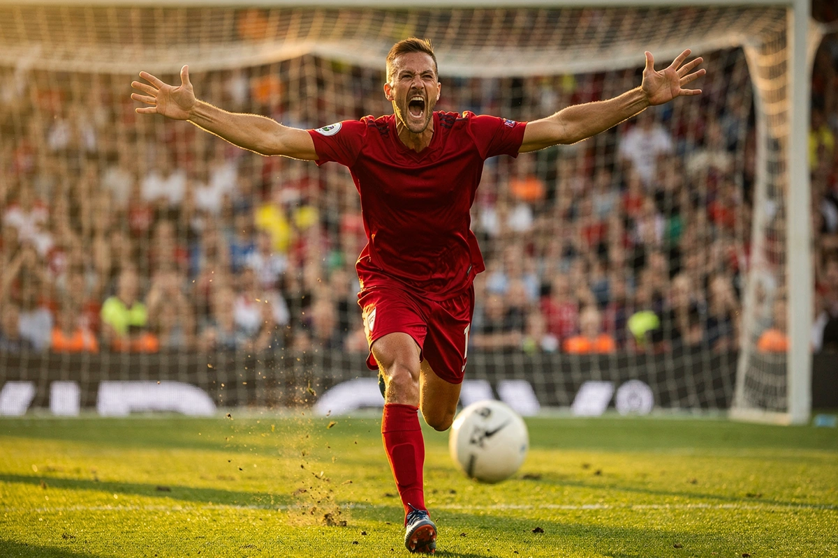 Delantero celebrando un gol con los brazos abiertos frente a la porter&iacute;a