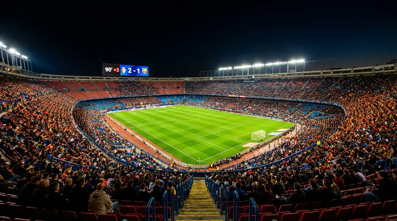 Estadio de fútbol español iluminado de noche con el césped verde brillante visto desde la grada