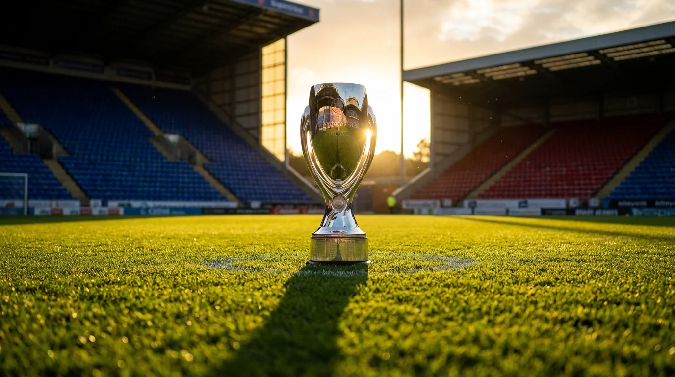 Trofeo de liga de fútbol sobre césped verde iluminado por la luz del atardecer en un estadio vacío