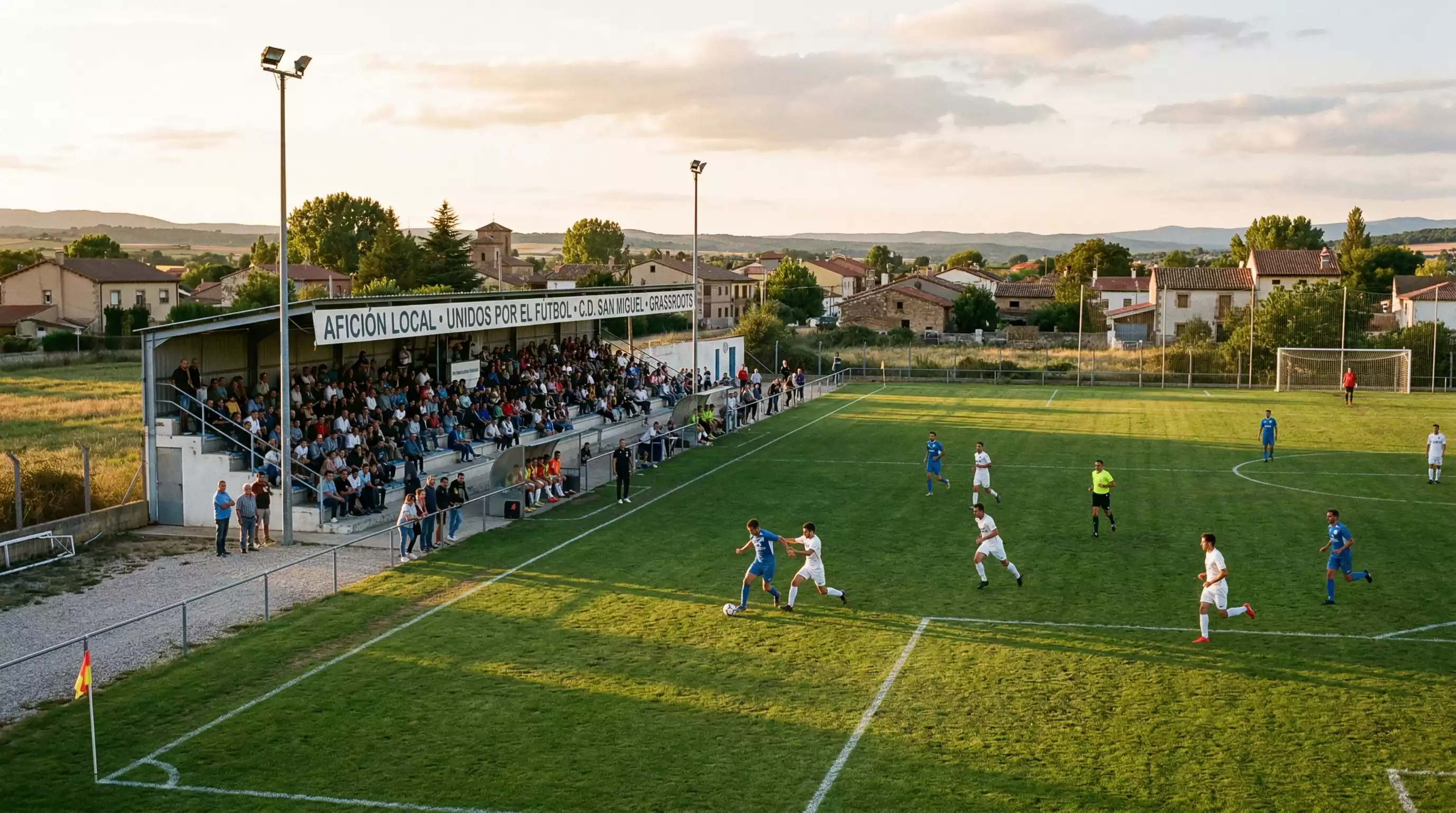 Pequeño estadio de fútbol con gradas modestas y césped verde durante un partido con pocos espectadores