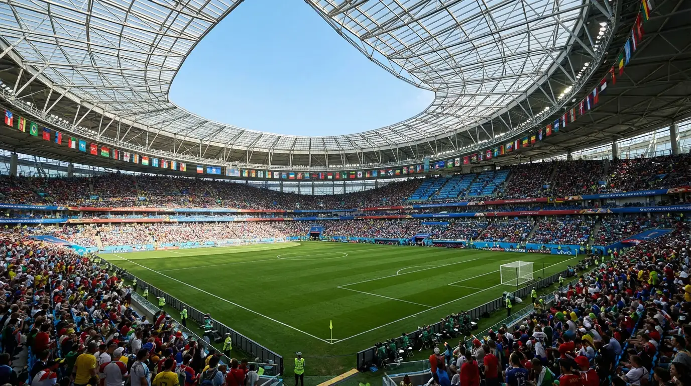 Estadio de fútbol moderno preparado para el Mundial con banderas de varios países en las gradas