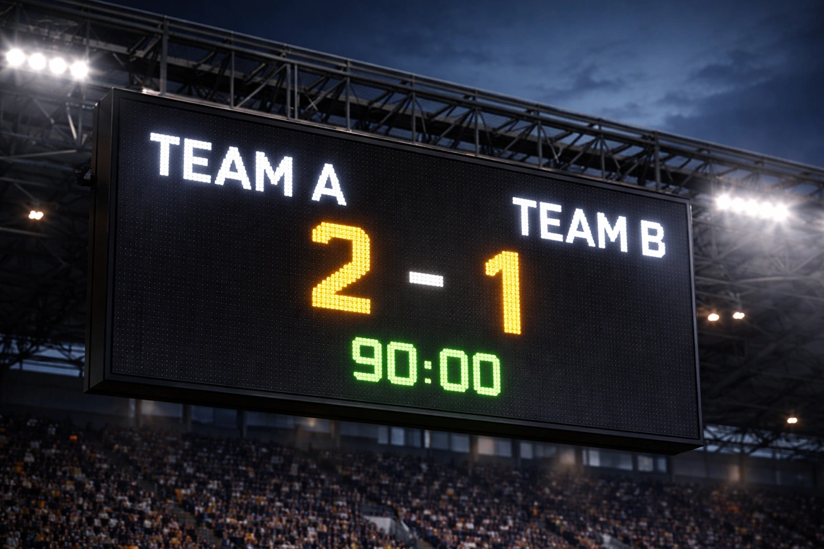 Marcador electr&oacute;nico de estadio mostrando resultado de partido de f&uacute;tbol
