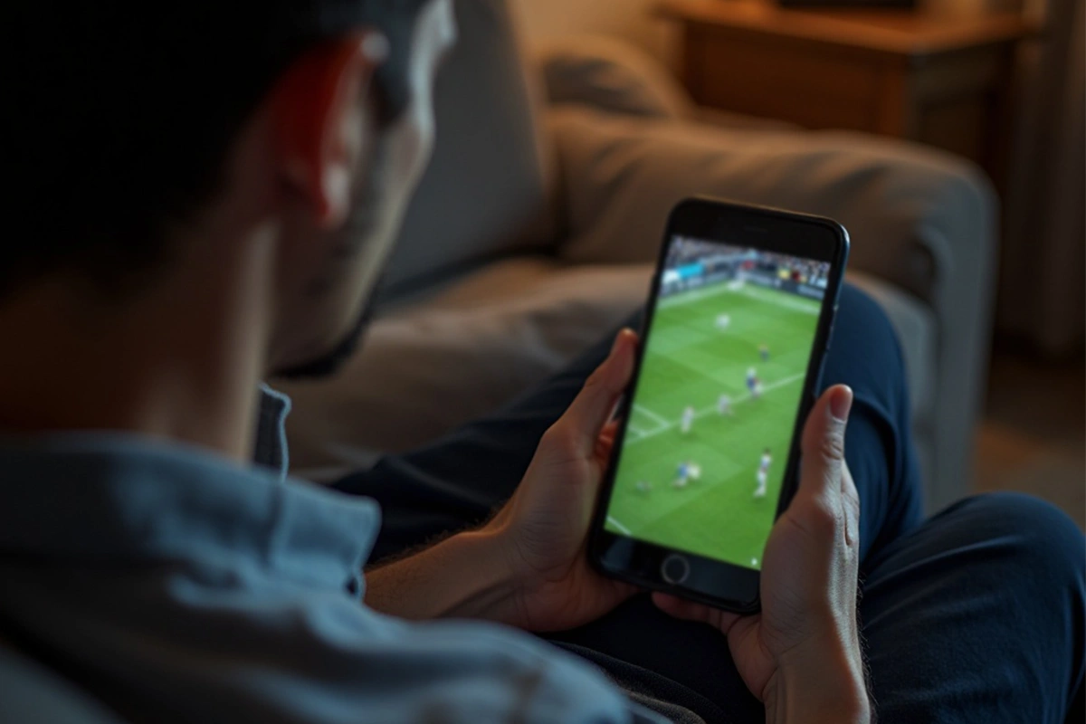 Aficionado viendo partido de f&uacute;tbol en vivo en el m&oacute;vil desde el sof&aacute;