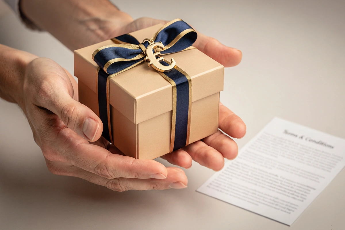 Mano recibiendo un regalo simb&oacute;lico con signo de euro y condiciones