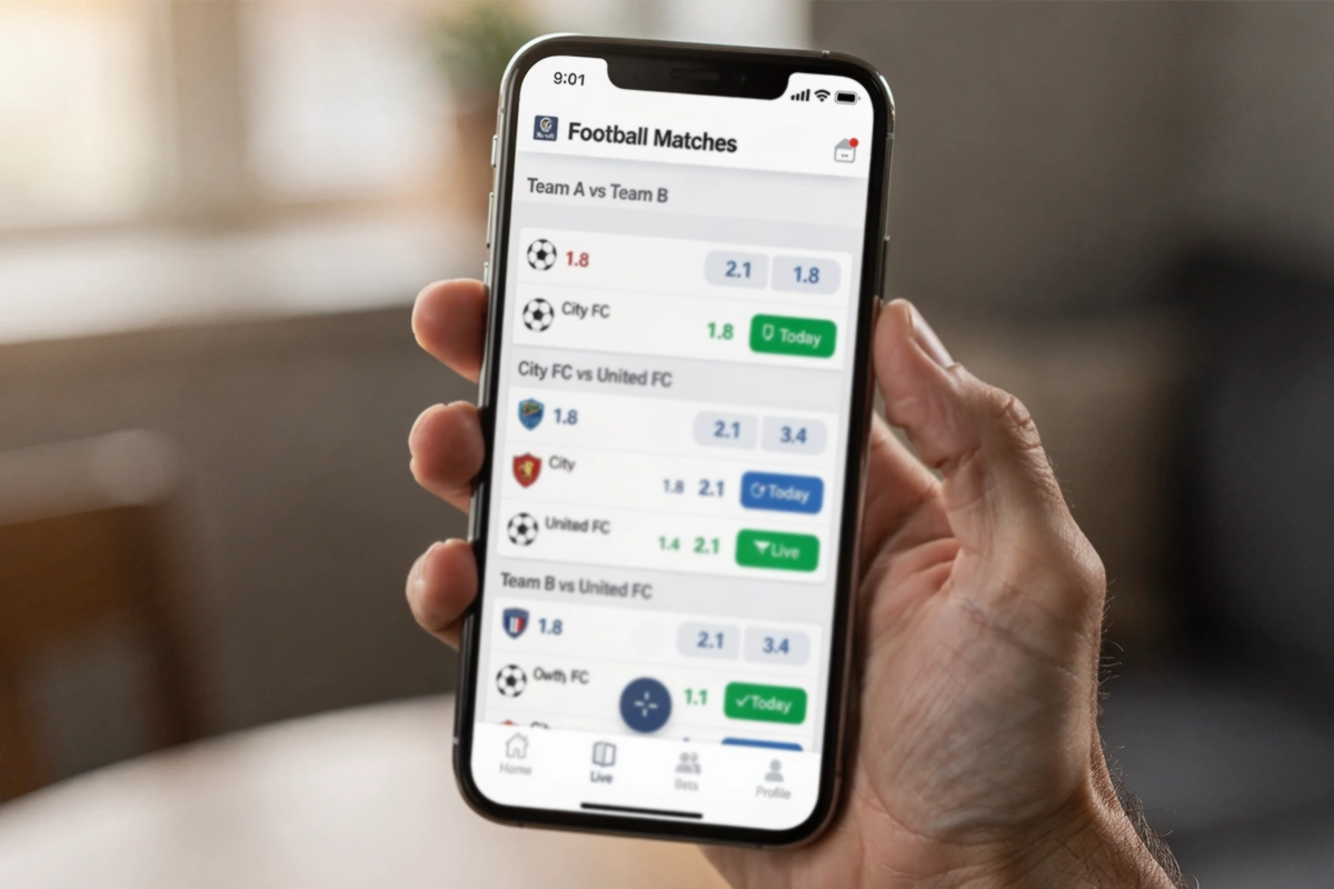 Smartphone mostrando aplicaci&oacute;n de apuestas con interfaz limpia y estad&iacute;sticas