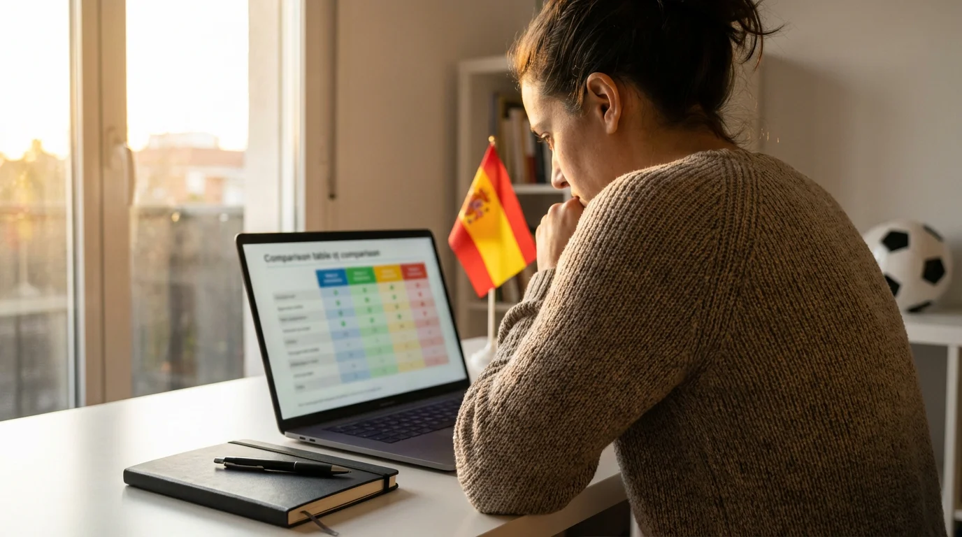 Persona analizando opciones de casas de apuestas de fútbol en un portátil con bandera de España al fondo