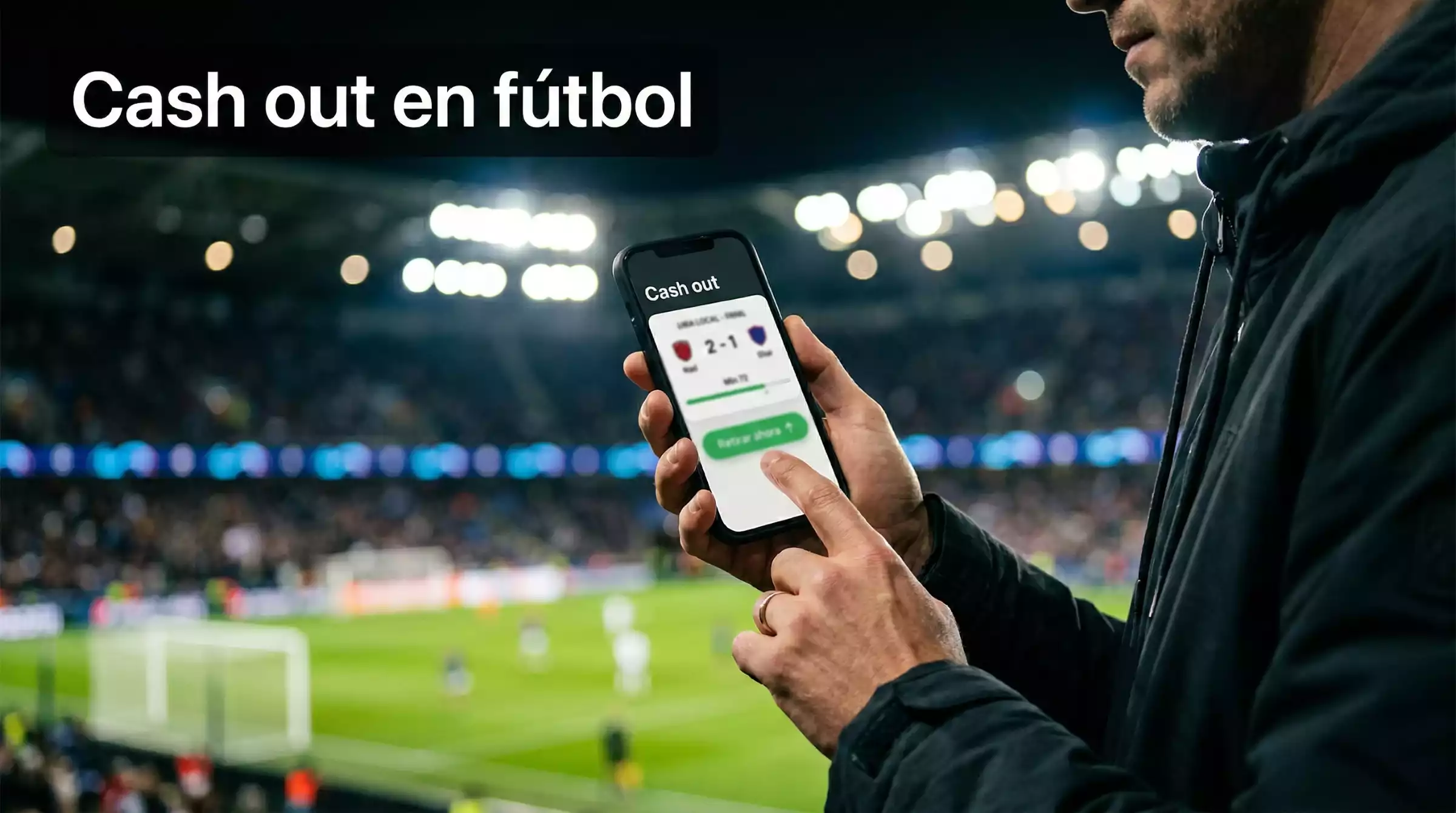 Mano de un apostador tocando la pantalla del móvil durante un partido de fútbol en un estadio iluminado