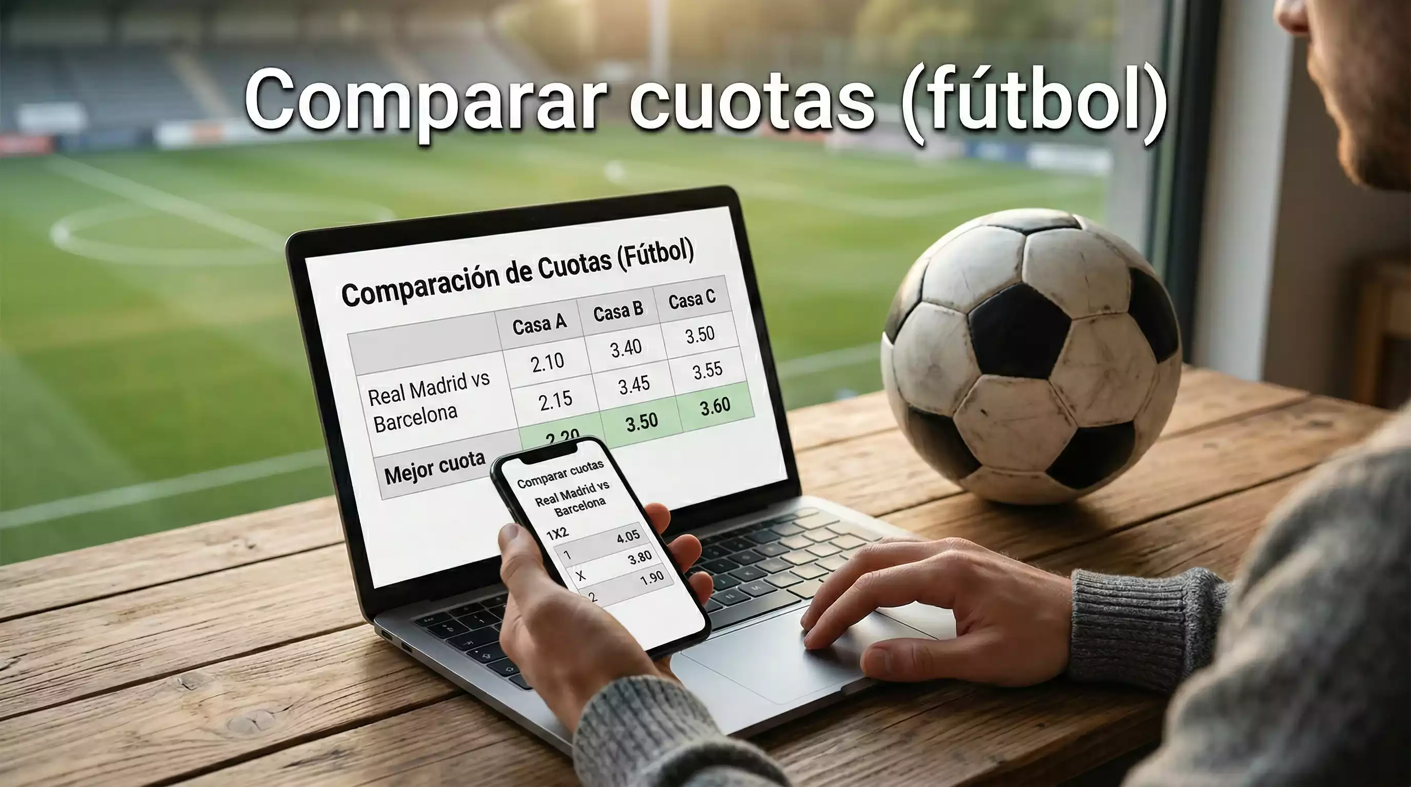 Aficionado al fútbol comparando cuotas de apuestas en su pantalla con un campo de fútbol de césped natural de fondo