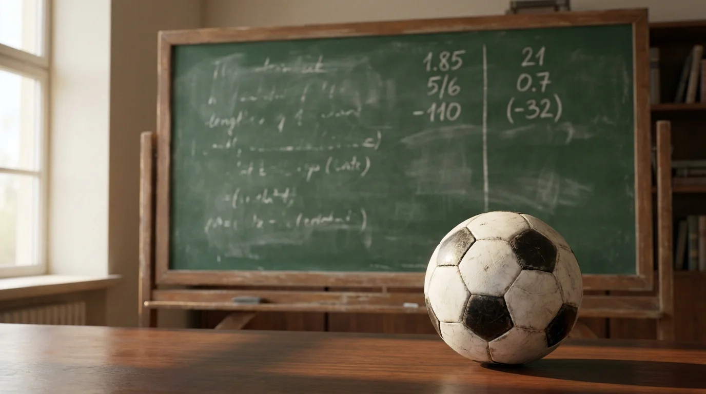 Pizarra con ejemplos de cuotas decimales y fraccionales junto a un balón de fútbol sobre césped