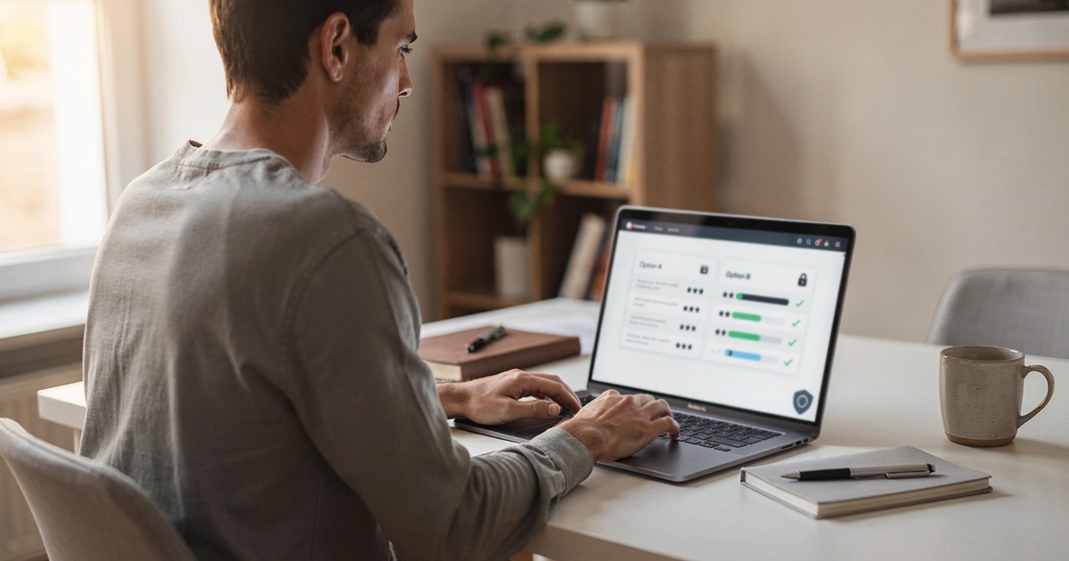 Persona comparando opciones en laptop con símbolos de seguridad y verificación