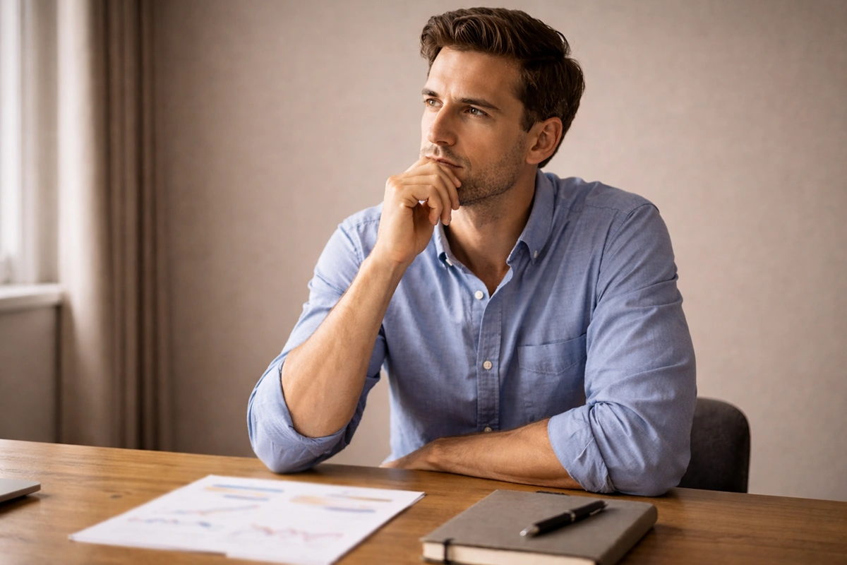 Persona pensativa con expresi&oacute;n de concentraci&oacute;n frente a documentos