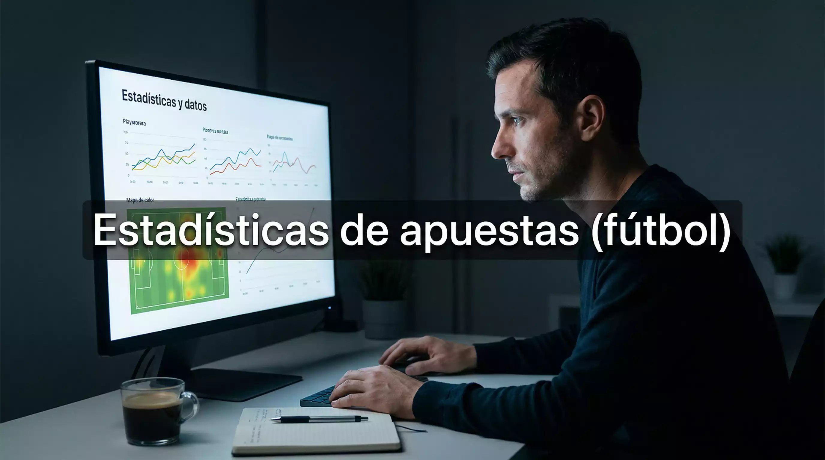 Analista deportivo revisando estadísticas de fútbol con gráficos en una pantalla de ordenador