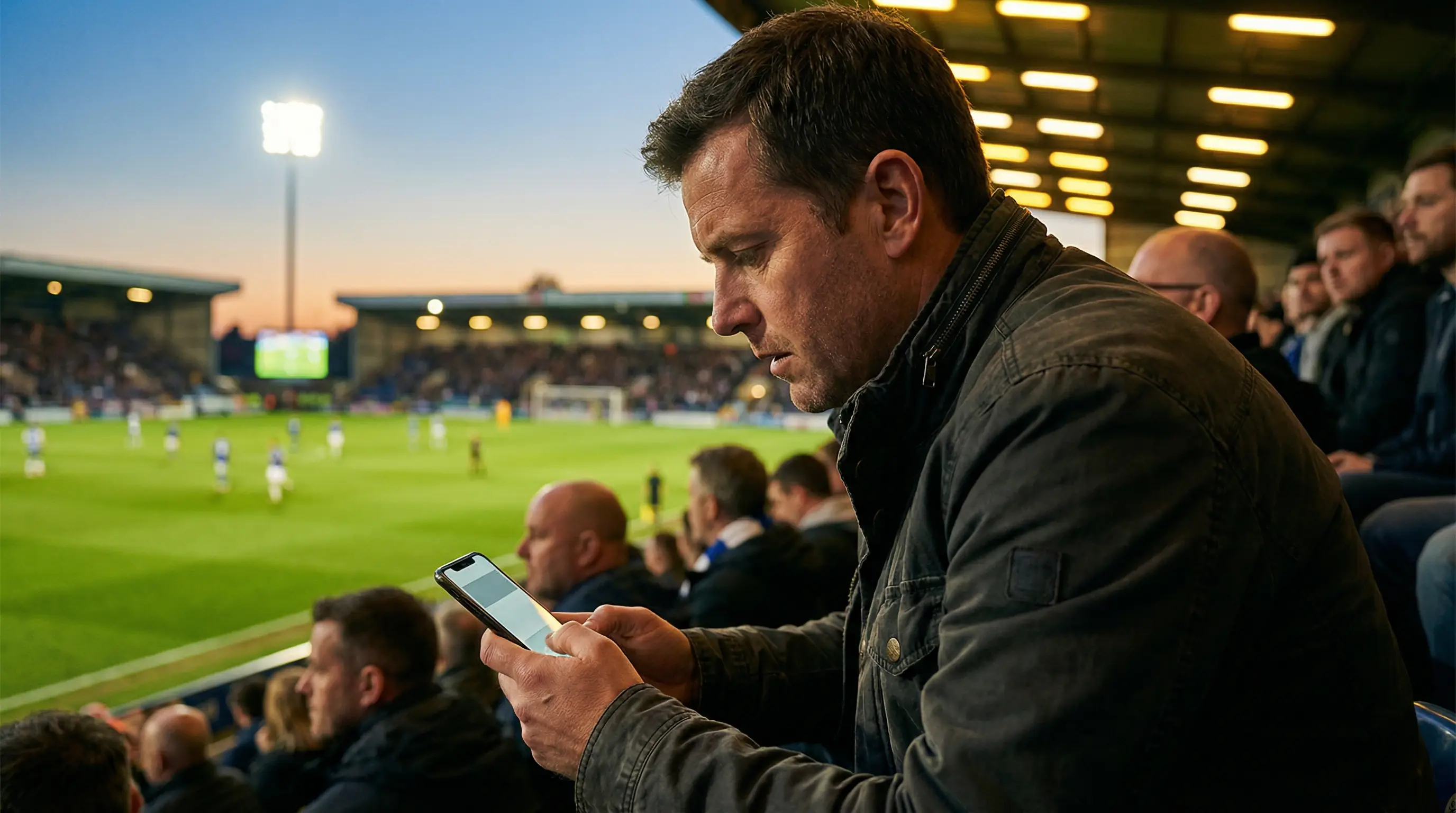 Aficionado concentrado viendo un partido de fútbol en un estadio mientras consulta su teléfono móvil