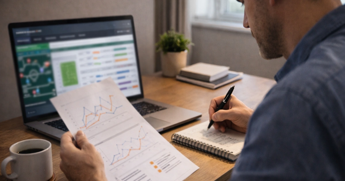 Profesional analizando estadísticas de fútbol con notas y laptop