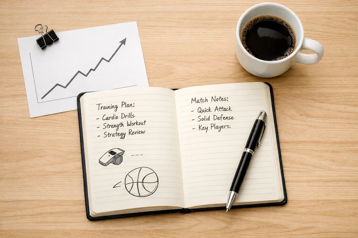 Escritorio con libreta de análisis deportivo, bolígrafo y gráfico de rendimiento