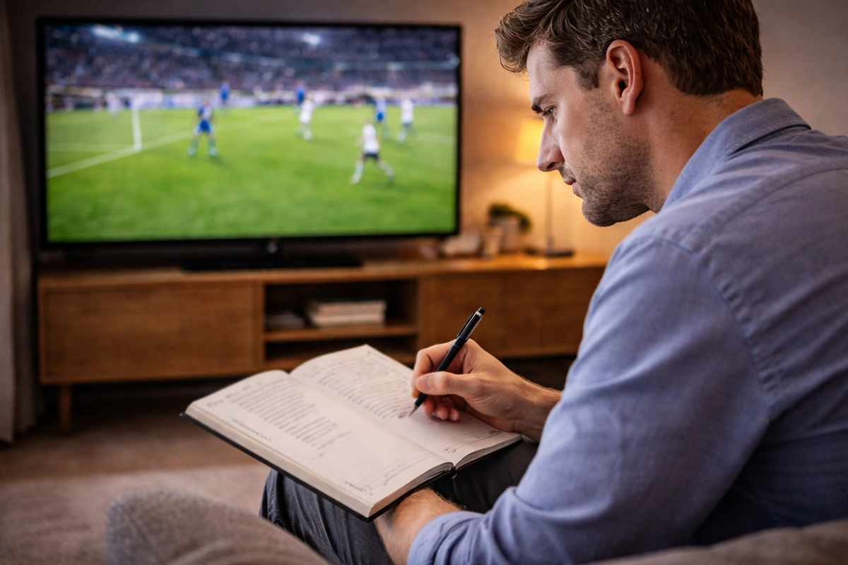 Analista observando atentamente un partido de f&uacute;tbol tomando notas