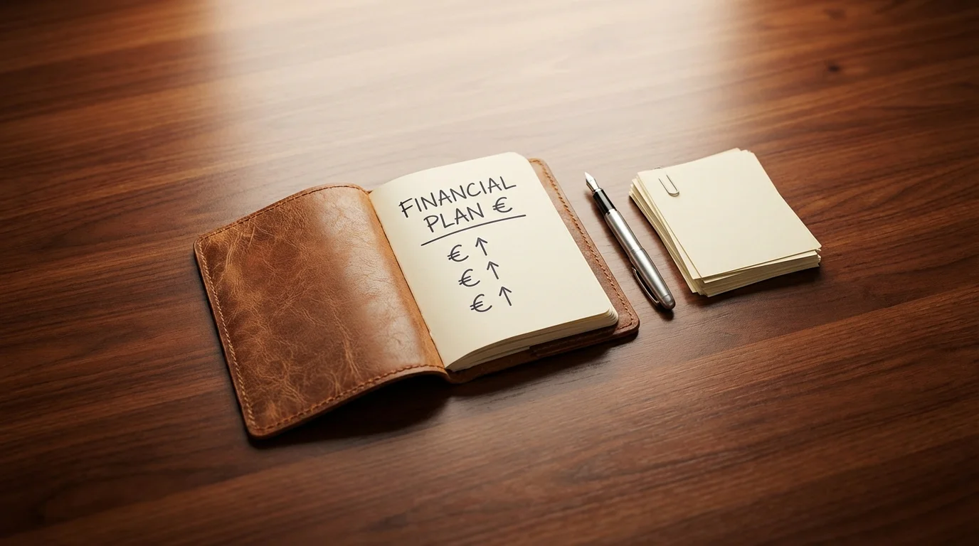 Persona organizando un bloc de notas con un plan financiero sobre un escritorio ordenado