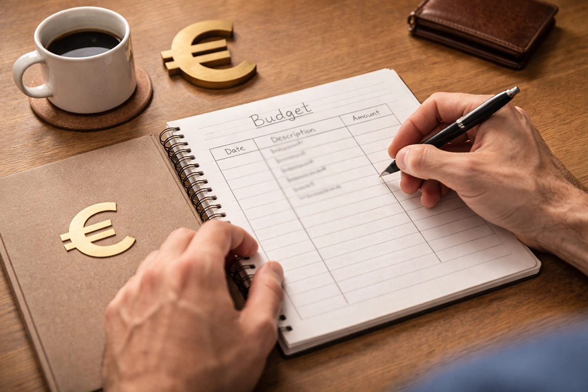Persona organizando presupuesto con bloc de notas y s&iacute;mbolos de euro