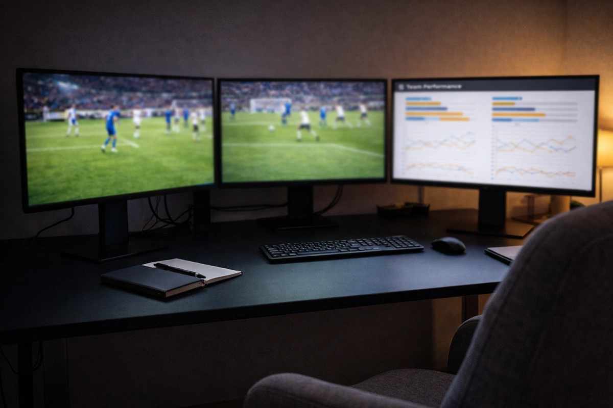 Setup con m&uacute;ltiples pantallas mostrando partidos de f&uacute;tbol y estad&iacute;sticas