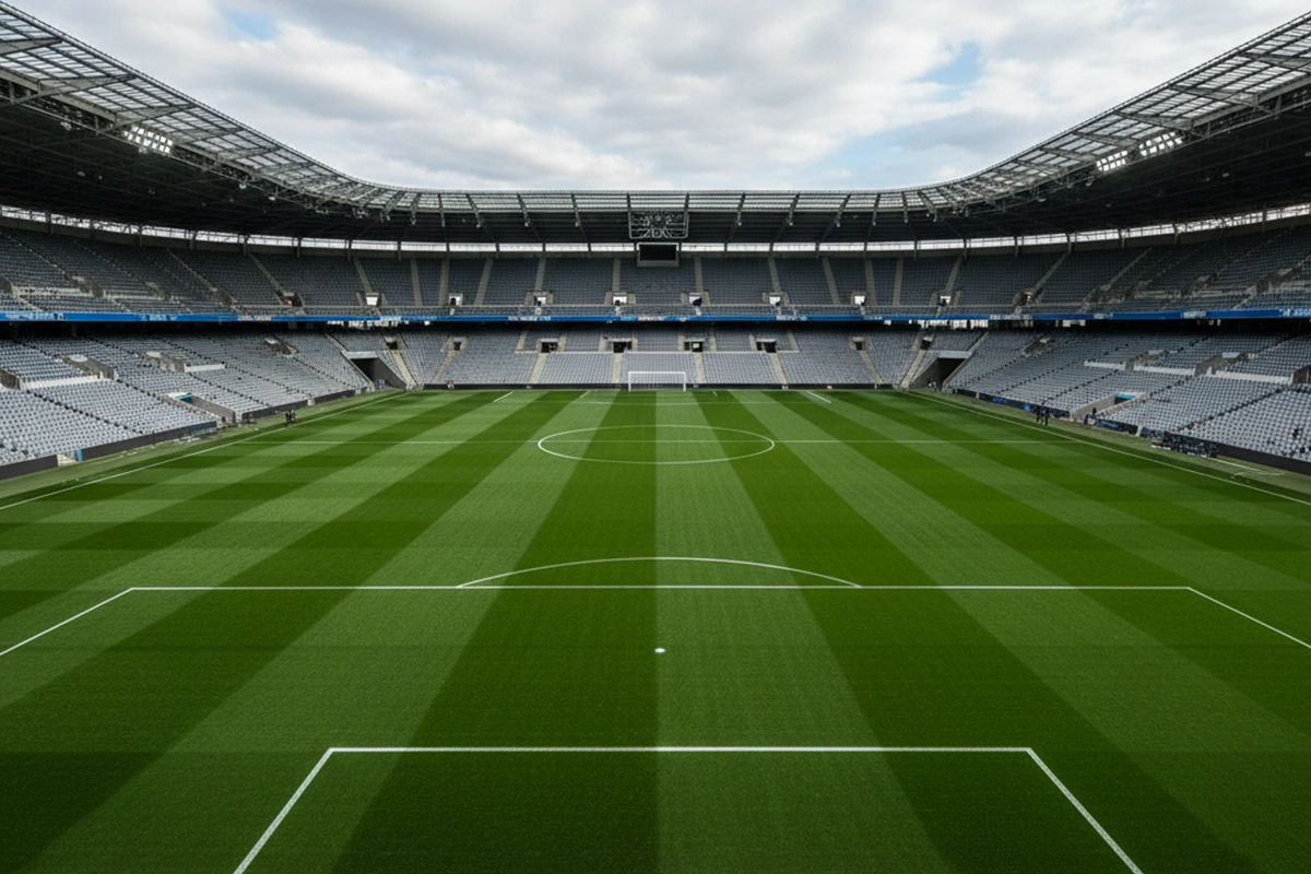 Campo de fútbol profesional con césped verde perfectamente cortado visto desde las gradas