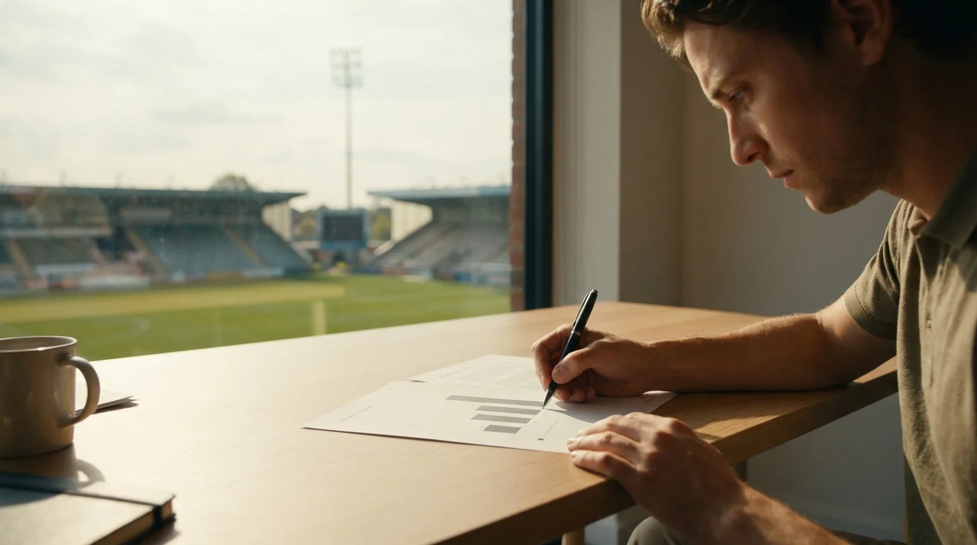 Persona analizando un documento con porcentajes de margen de apuestas junto a un estadio de fútbol