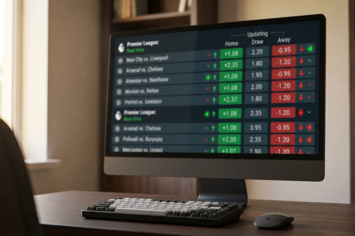 Pantalla de ordenador mostrando cuotas de f&uacute;tbol actualiz&aacute;ndose en tiempo real