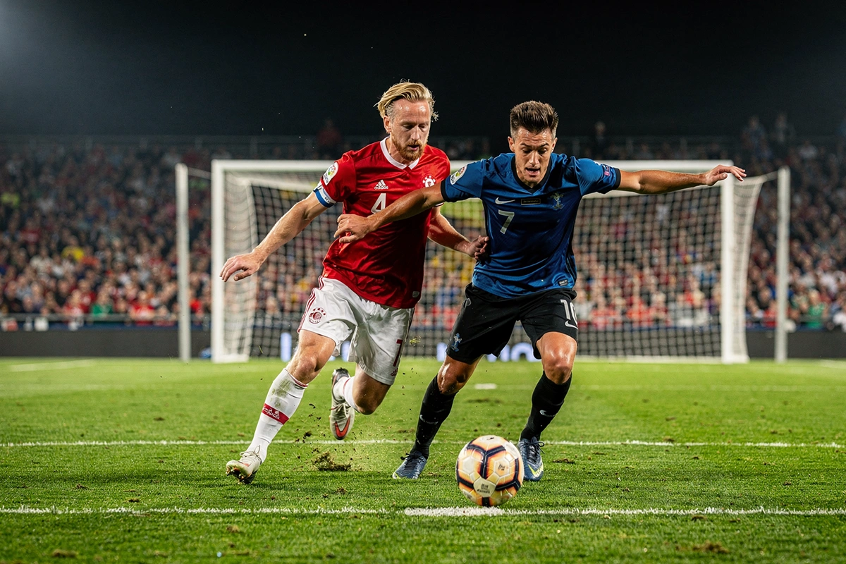 Partido de f&uacute;tbol nocturno con jugadores disputando el bal&oacute;n en el &aacute;rea