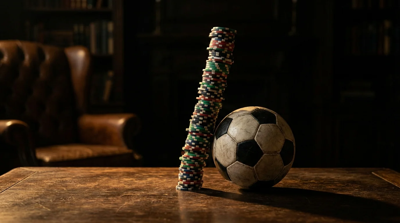 Fichas de apuestas apiladas en una torre inestable sobre una mesa de madera con un balón de fútbol al lado