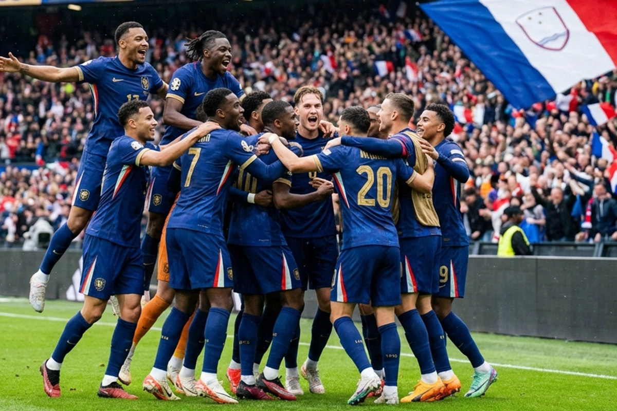 Selecci&oacute;n nacional de f&uacute;tbol celebrando un gol con la bandera de fondo