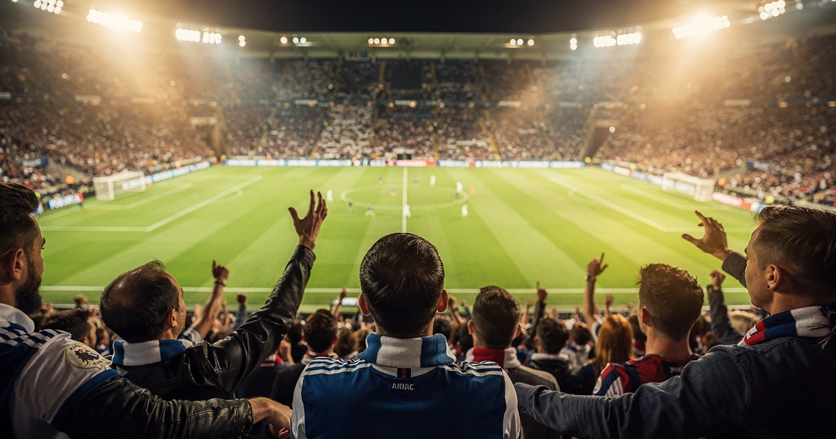 Aficionados viendo un partido de fútbol en el estadio con ambiente nocturno