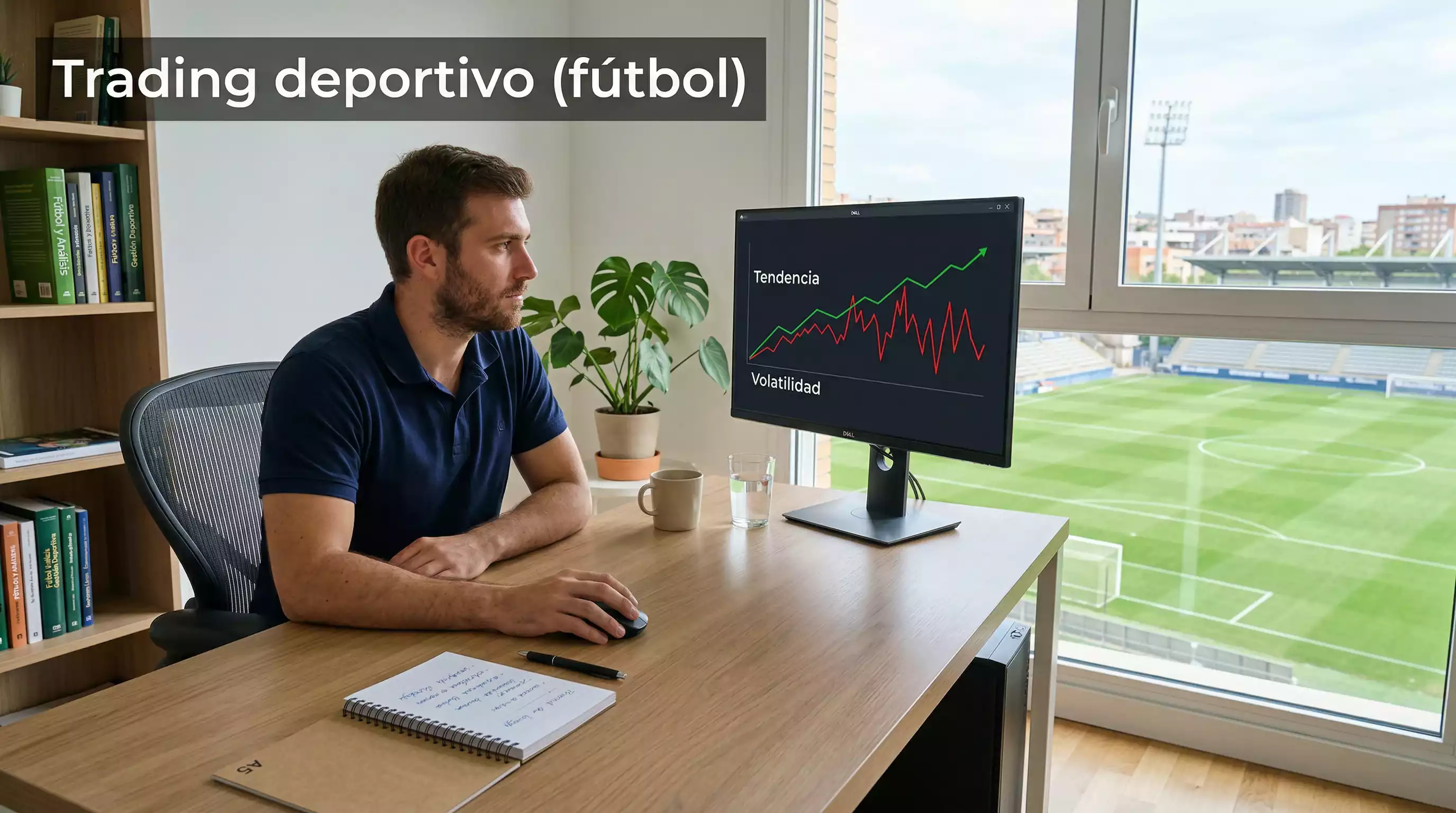 Persona analizando gráficos de trading deportivo en una pantalla de ordenador con un campo de fútbol de fondo