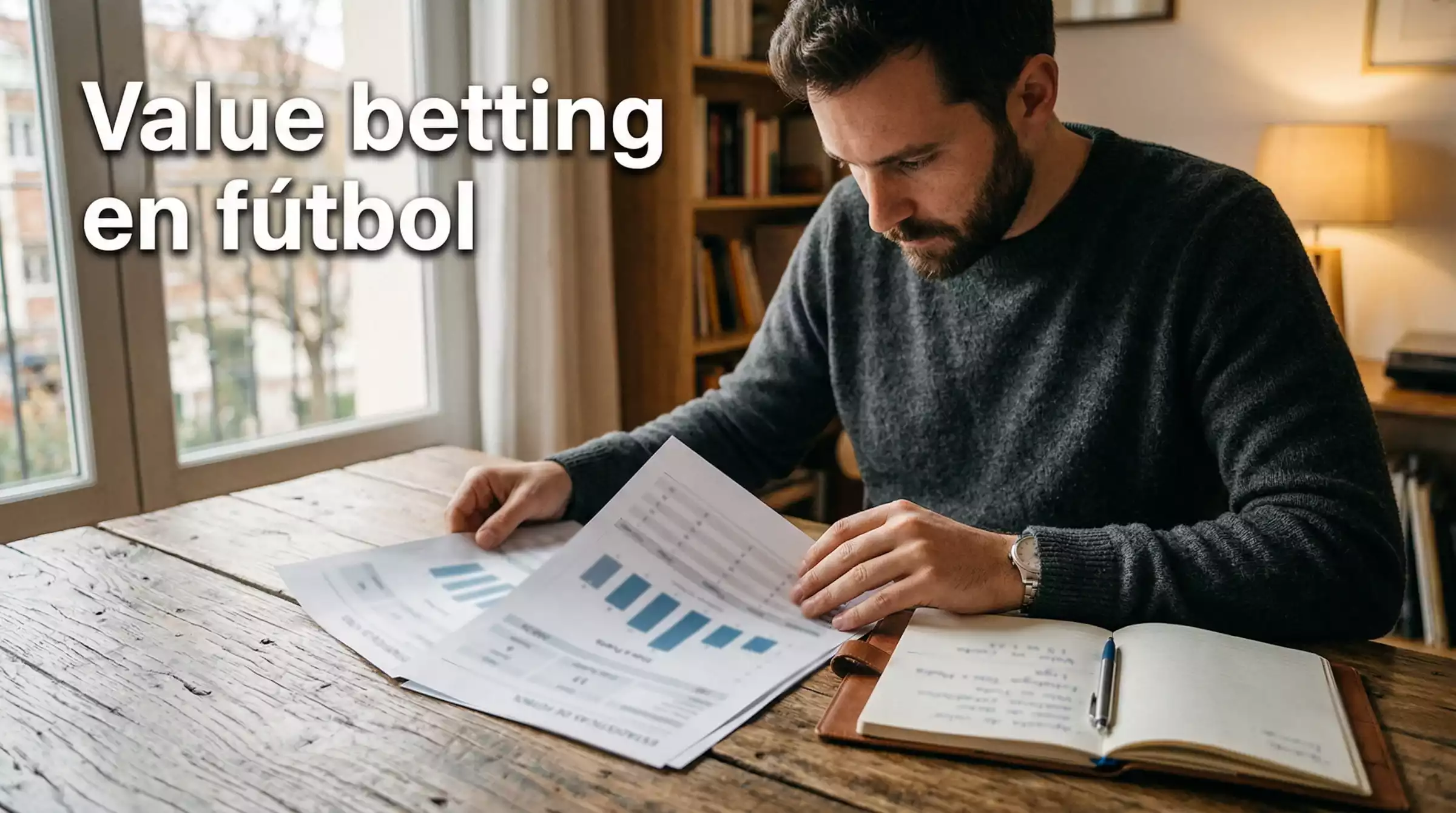 Persona concentrada analizando estadísticas de fútbol en un escritorio con documentos y datos